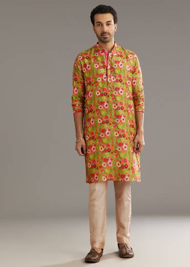 Green Russian Silk Kurta Set With Blossoming Prints