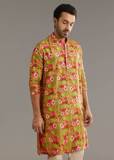Green Russian Silk Kurta Set With Blossoming Prints