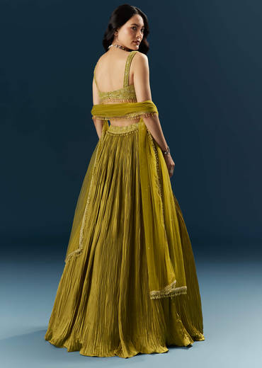 Green Satin Bridesmaid Lehenga With Cutdana And Beads Embroidery