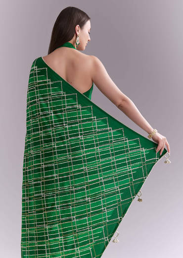 Green Satin Saree With Criss Cross Stripes And Zari Border