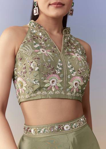 Green Sequin Embellished Crop Top Palazzo Set