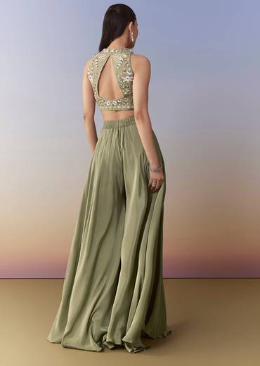 Green Sequin Embellished Crop Top Palazzo Set