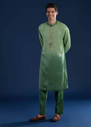 Green Sequin Work Mens Kurta and Pant Set