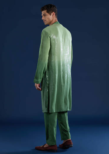 Green Sequin Work Mens Kurta and Pant Set