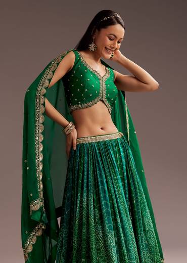 Green Sequins Bandhani Lehenga Dupatta Set