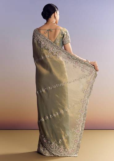 Green Shaded Tissue Saree With Embroidered Borders