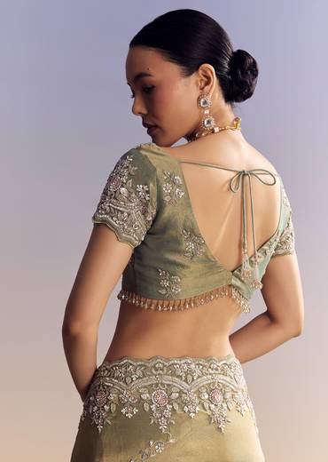 Green Shaded Tissue Saree With Embroidered Borders