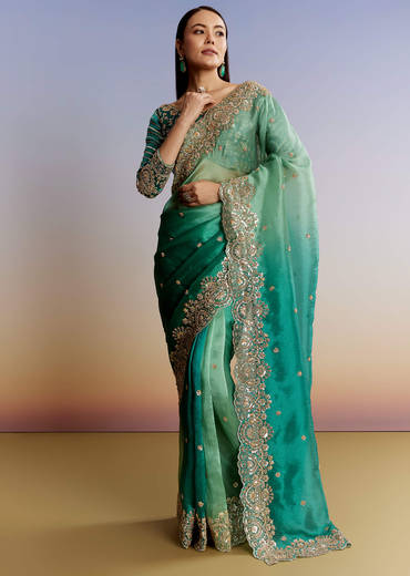 Green Shaded Tissue Saree With Floral Embroidery And Sequins Blouse