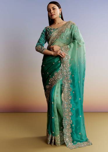 Green Shaded Tissue Saree With Floral Embroidery And Sequins Blouse