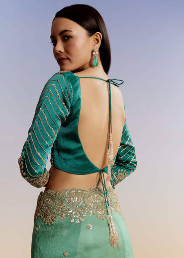 Green Shaded Tissue Saree With Floral Embroidery And Sequins Blouse