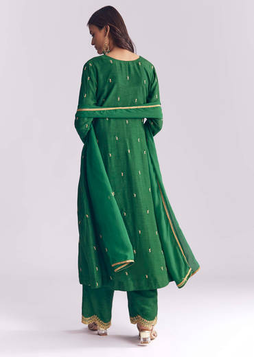 Green Silk Anarkali Suit With Zari Thread Work