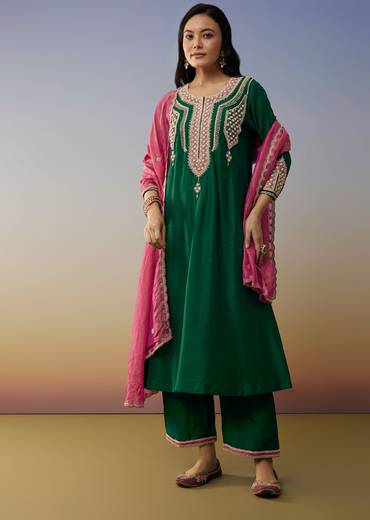 Green Silk Anarkali Suits with Moti and Sequins Work