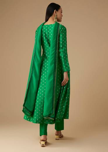 Green Silk Butti Work Anarkali Set