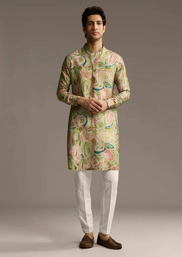 Green Silk Designer Kurta For Men With Abstract Print