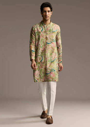 Green Silk Designer Kurta For Men With Abstract Print