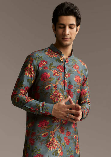 Green Silk Designer Kurta For Men With Floral Print