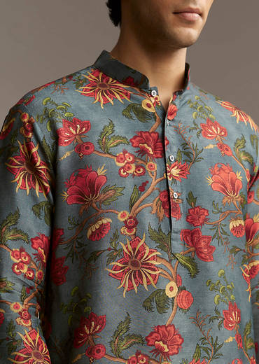 Green Silk Designer Kurta For Men With Floral Print