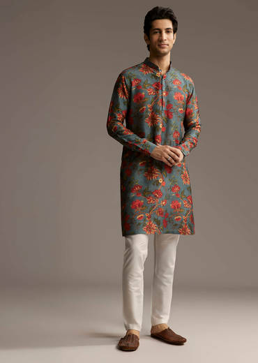 Green Silk Designer Kurta For Men With Floral Print