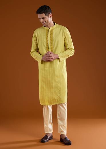Green Silk Embroidered Mens Kurta Pant Set