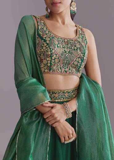 Green Silk Festive Lehenga With Zari Work