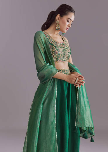 Green Silk Festive Lehenga With Zari Work