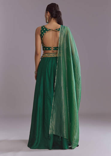 Green Silk Festive Lehenga With Zari Work