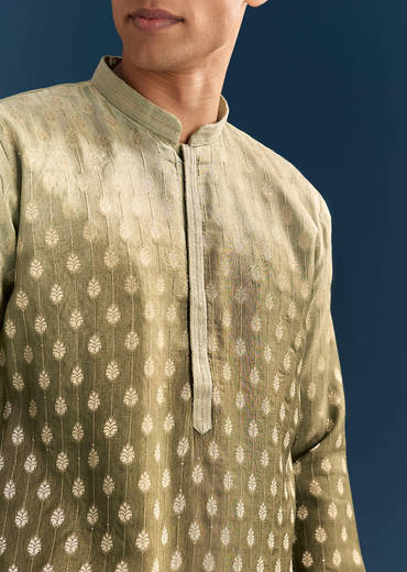Green Silk Foil Kurta Set For Men With Sequins Embroidery