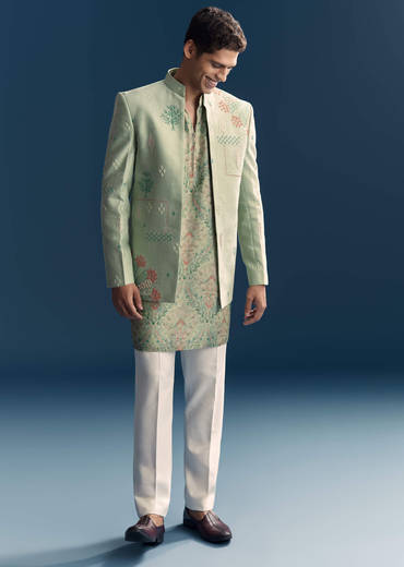 Green Silk Jodhpuri Suit For Men With Intricate Hand Embroidery