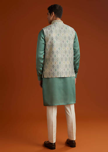 Green Silk Kurta Jacket Set For Men With Geometric Jaal Print