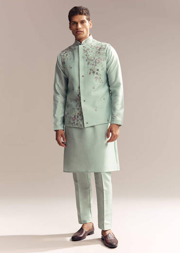 Green Silk Kurta Jacket Set For Men With Heavy Embroidery