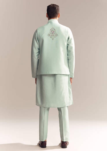 Green Silk Kurta Jacket Set For Men With Heavy Embroidery