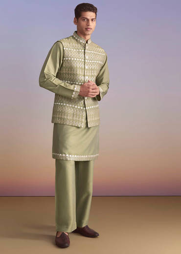 Green Silk Kurta Jacket Set For Men With Intricate Hand Embroidery
