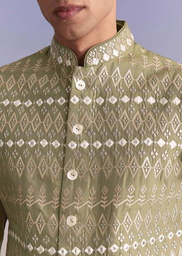 Green Silk Kurta Jacket Set For Men With Intricate Hand Embroidery