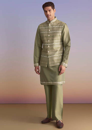 Green Silk Kurta Jacket Set For Men With Intricate Hand Embroidery