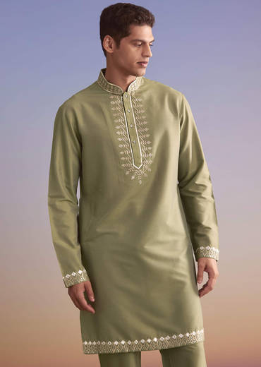 Green Silk Kurta Jacket Set For Men With Intricate Hand Embroidery