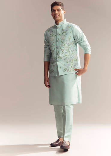 Green Silk Kurta Jacket Set For Men With Thread And Mirror Embroidery