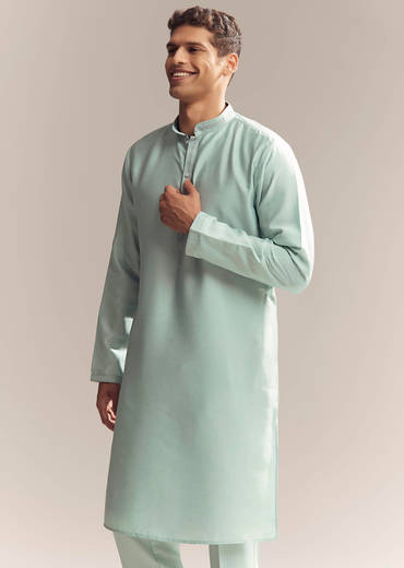 Green Silk Kurta Jacket Set For Men With Thread And Mirror Embroidery