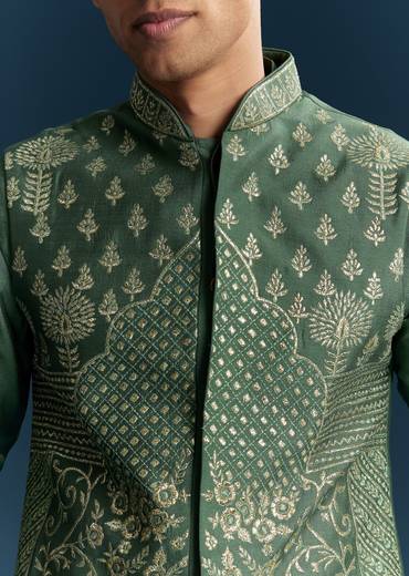 Green Silk Kurta Jacket Set With Thread Detail Work