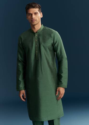 Green Silk Kurta Jacket Set With Thread Detail Work