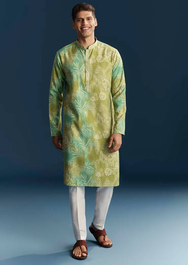 Green Silk Kurta Set For Men With Floral And Abstract Print