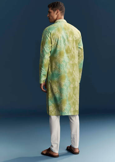 Green Silk Kurta Set For Men With Floral And Abstract Print