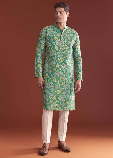 Green Silk Kurta Set For Men With Floral Resham Work