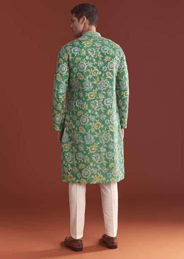 Green Silk Kurta Set For Men With Floral Resham Work