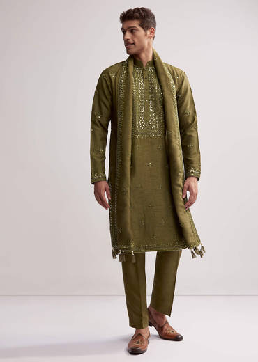 Green Silk Kurta Set For Men With Hand Embroidery