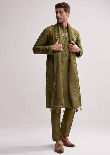 Green Silk Kurta Set For Men With Hand Embroidery