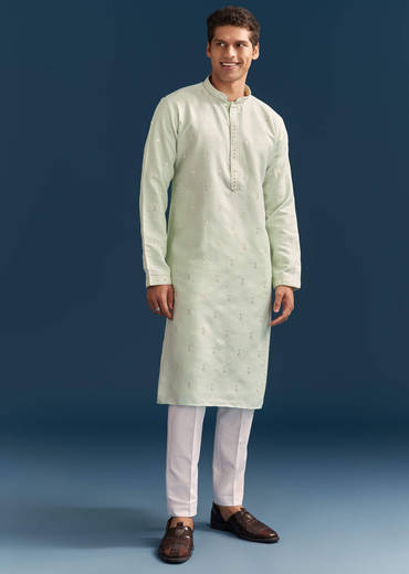 Green Silk Kurta Set For Men With Mirror Embroidery