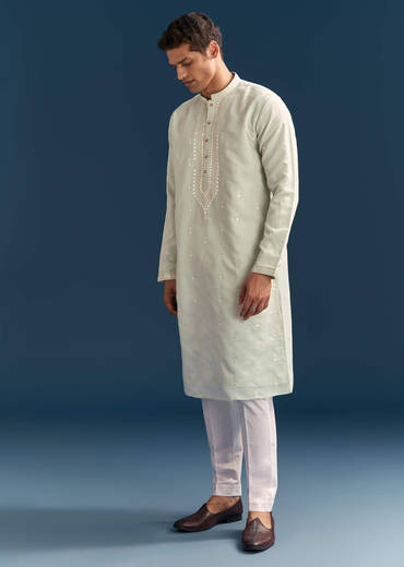 Green Silk Kurta Set For Men With Thread And Mirror Embroidery