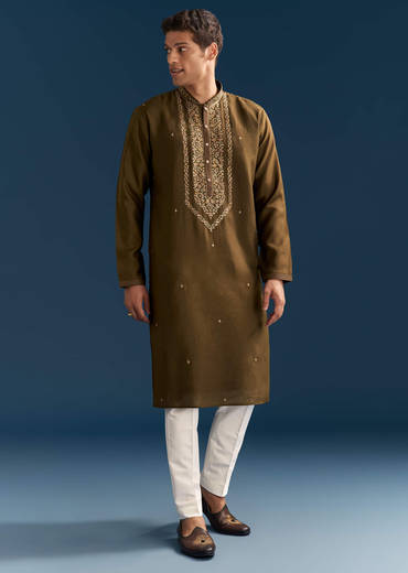 Green Silk Kurta Set For Men With Thread And Resham Work