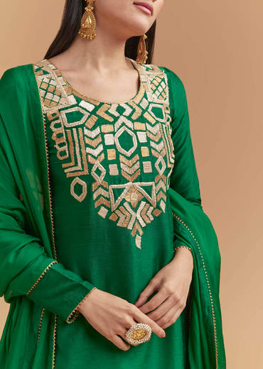 Green Silk Kurta Set With Gota Work