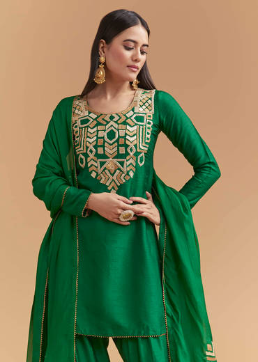Green Silk Kurta Set With Gota Work